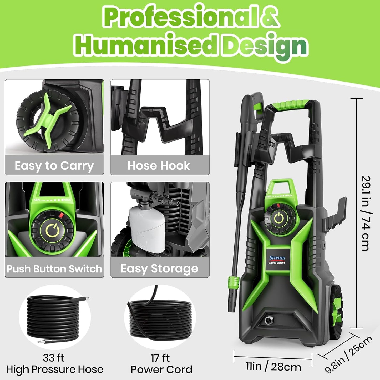 Pressure Washer 1900W Max 150Bar with Adjustable Pressure Switch