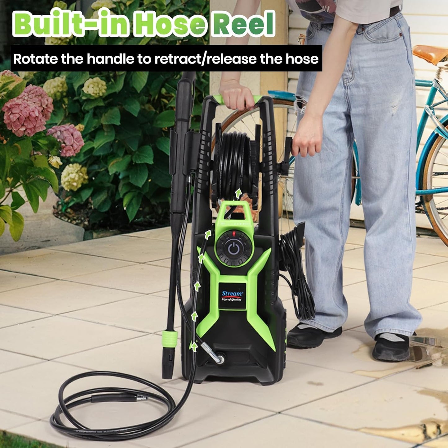 Pressure Washer 2200W Max 160Bar with Adjustable Pressure Switch and Hose Reel