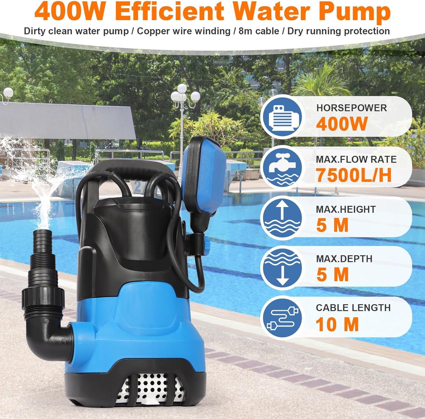 Stream Electric Submersible Water Pump with 10M Hose 400w 7500L/H